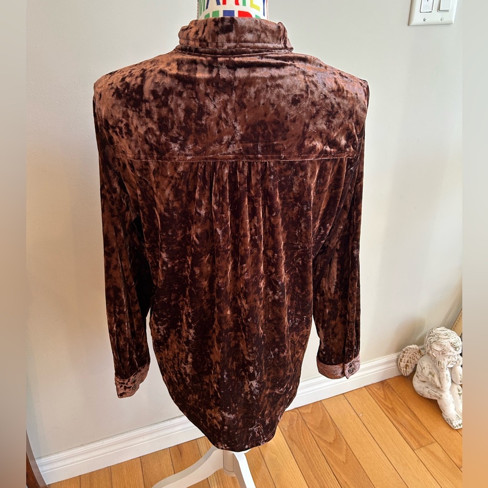 Cleo Crushed Velvet Button Down Shirt in Rich Brown - Picture 4 of 8
